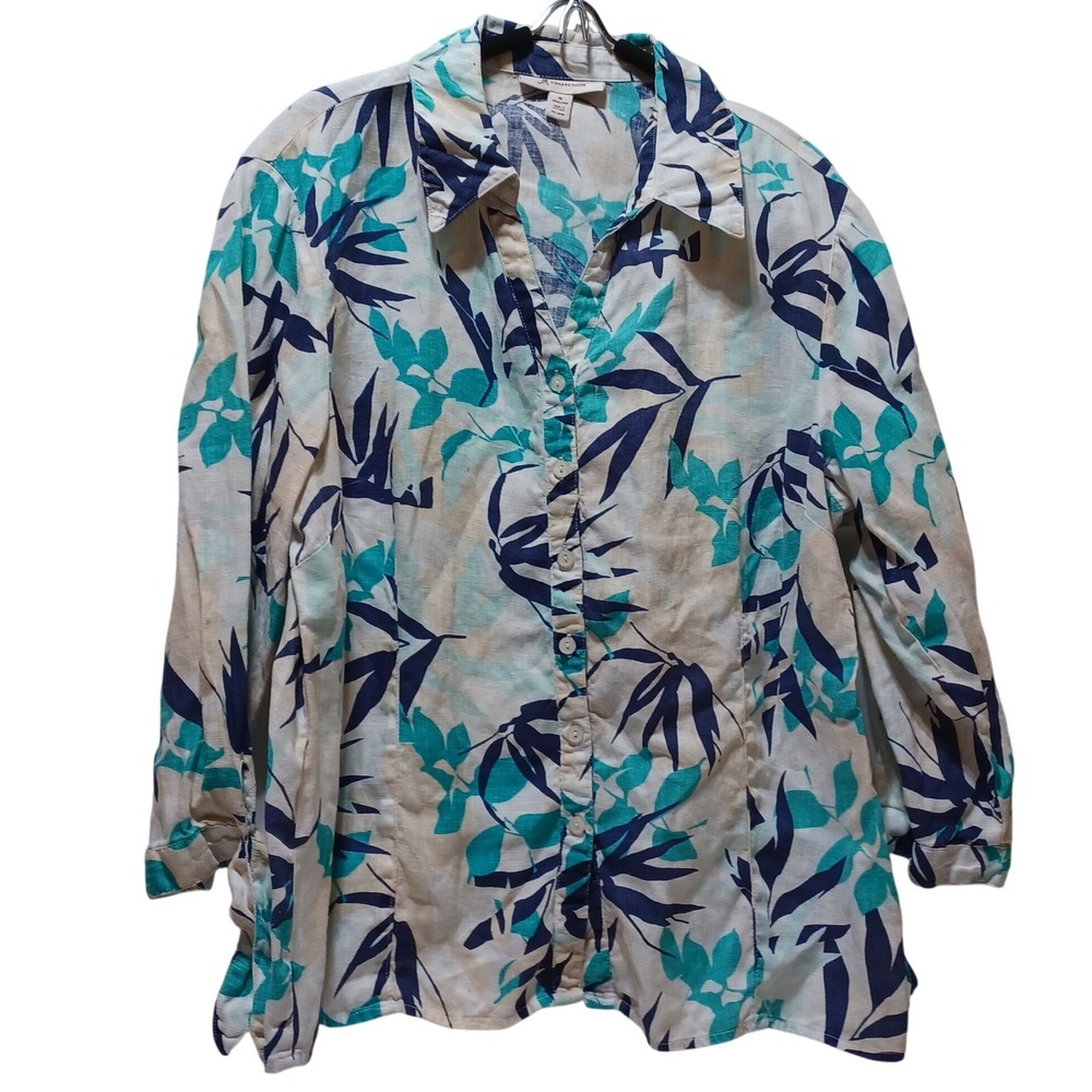 Linen Floral Top Womens 16 Blue Teal Button Front Resort Vacation‎ Cruise